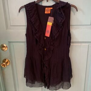BLOW OUT SALE Tory Burch sheer v neck ruffled skeevless blouse in size 10 NWT